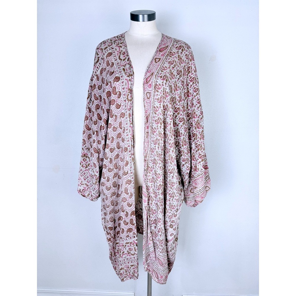 Magnolia Pearl Hand Block Print Kimono Pink Paisley Silk Blend Duster Jacket
